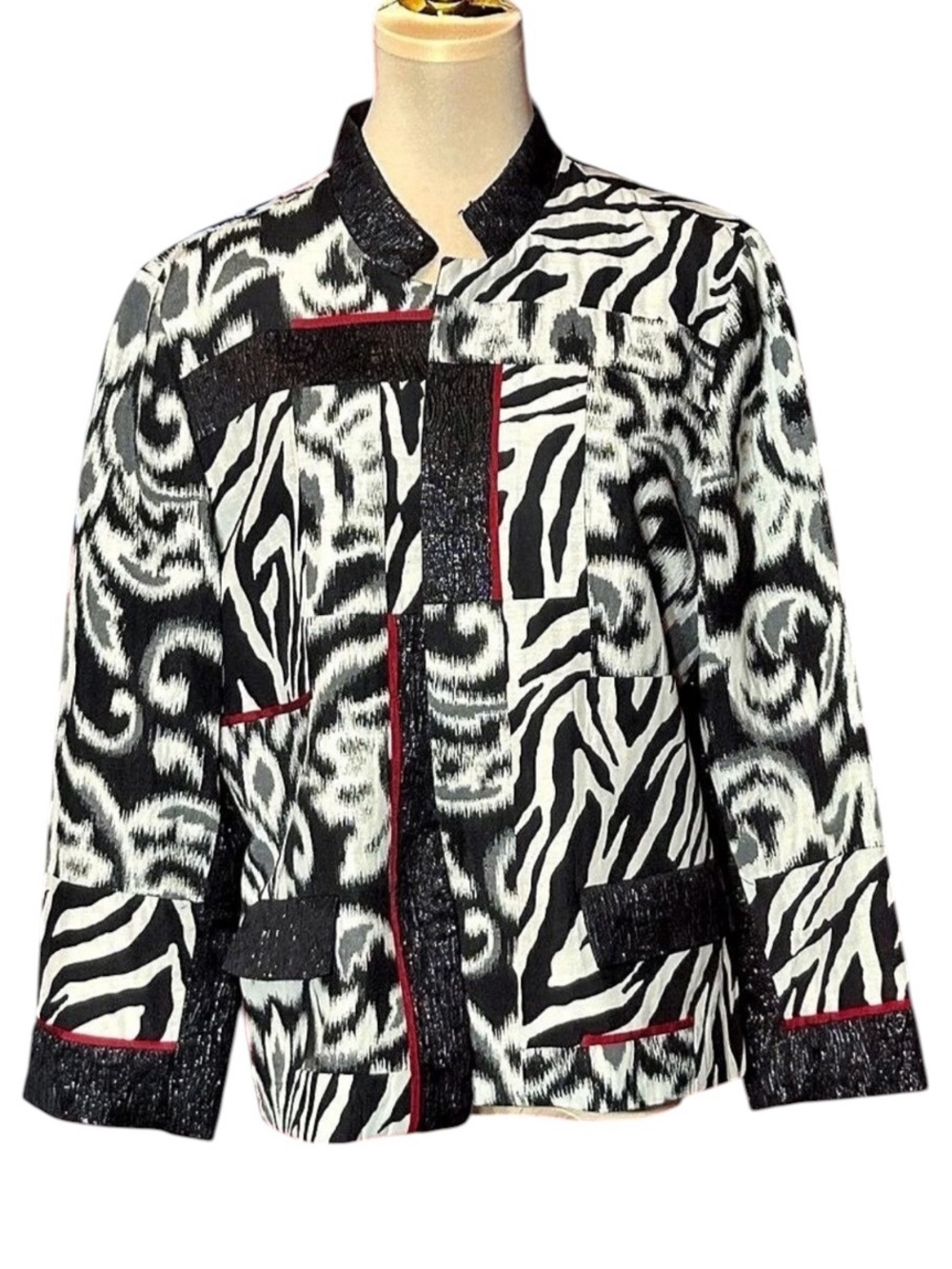 Chico's Black Ivory Red Zebra Print Open Front Jacket Size 2
